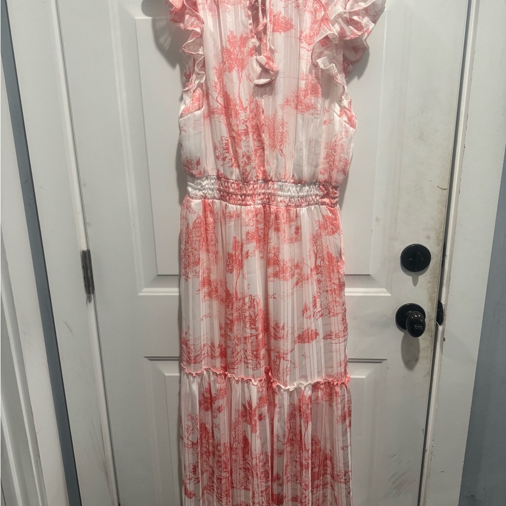 Umgee White and Coral Blouse with Ruffle Trim